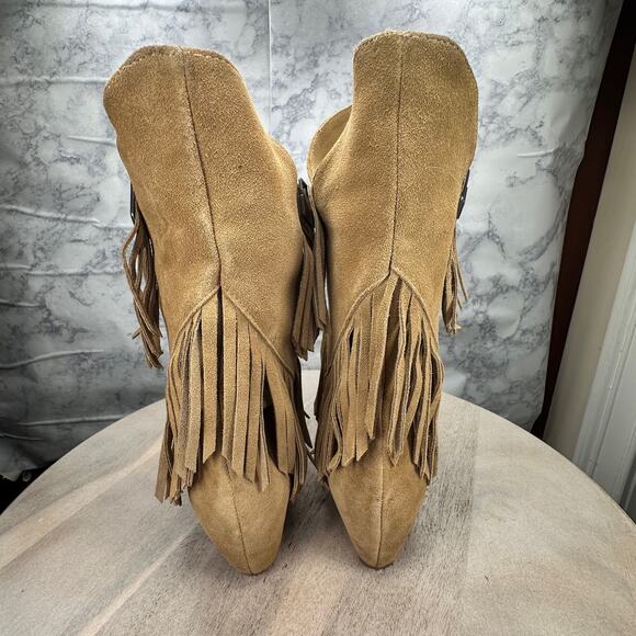 Obsession Rules Hopey Suede Tan Moccasin Fringe Boho Hidden Wedge Boots Women 8 - Picture 6 of 11